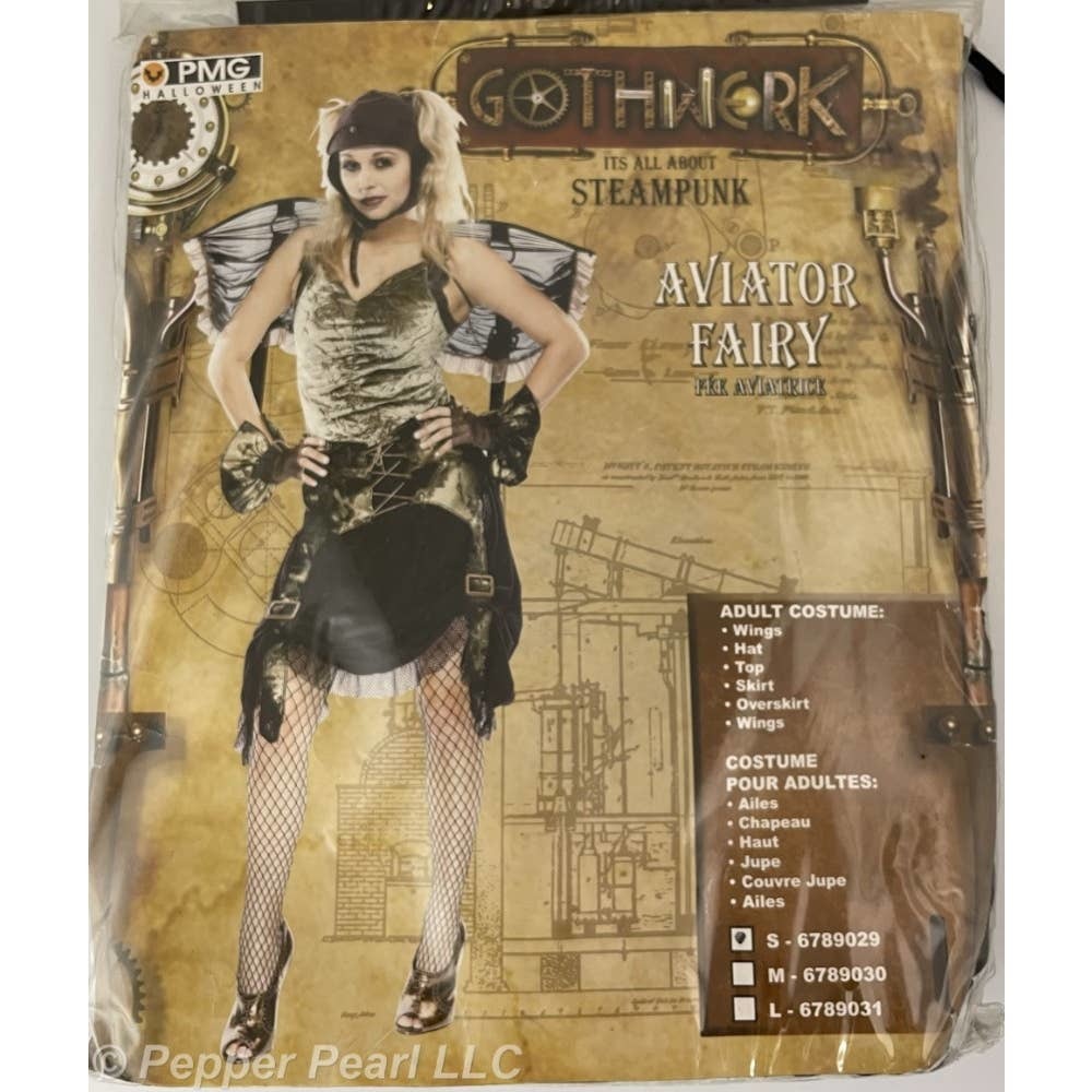 Aviator Fairy Goth Steampunk Adult Small Costume Brown Green Wings Hat Top Skirt